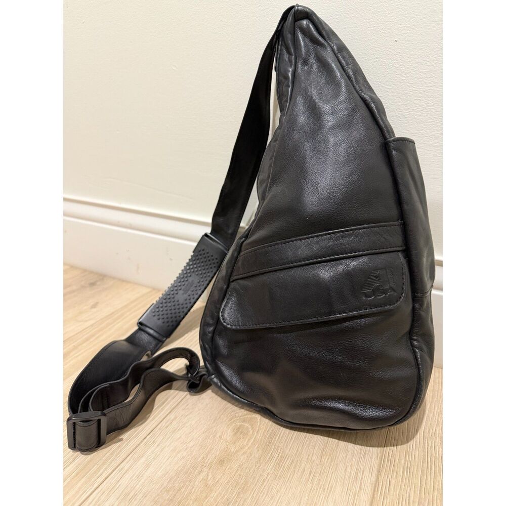 Vintage AmeriBag Healthy Back Bag Black Leather Ergonomic Sling Backpack USA